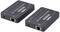 Zwei schwarze HDMI-über-Ethernet-Extender mit Netzwerk-Ports, die den HDMI-Signaltransport über längere Strecken ermöglichen.