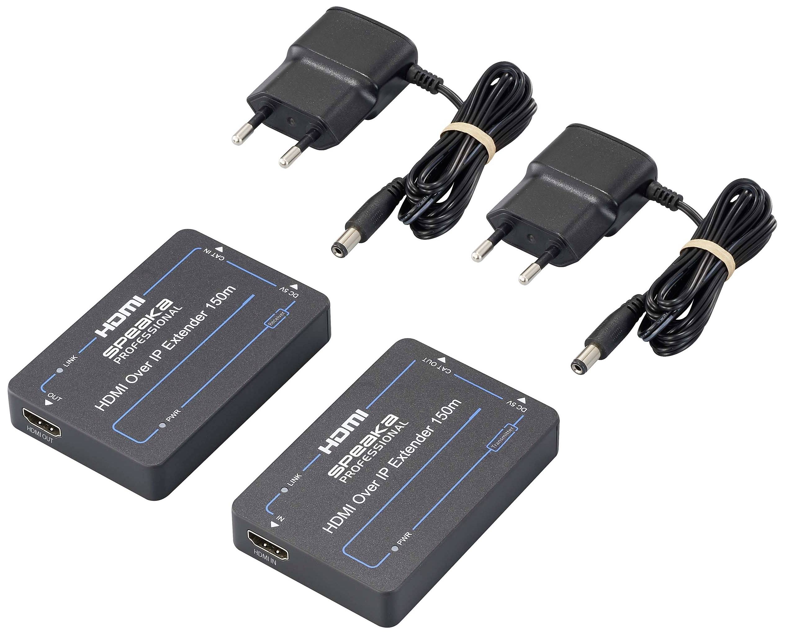 Zwei HDMI-über-IP-Extender und zwei Netzteile zur Erweiterung von HDMI-Signalen über große Entfernungen, dargestellt auf weißem Hintergrund.