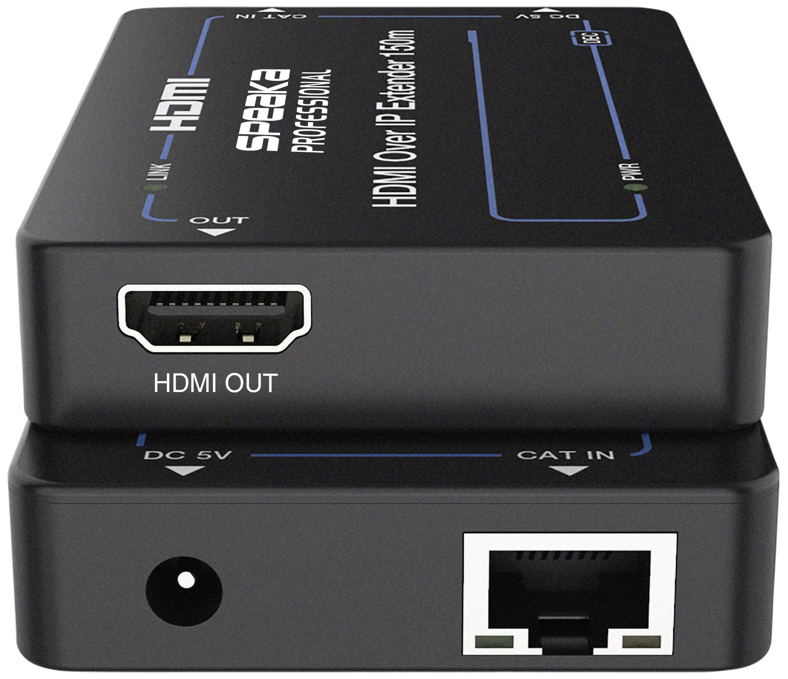 Zwei HDMI-Extender-Geräte mit Anschlüssen für HDMI-Ausgang und Ethernet, für Signalübertragung über große Entfernungen.
