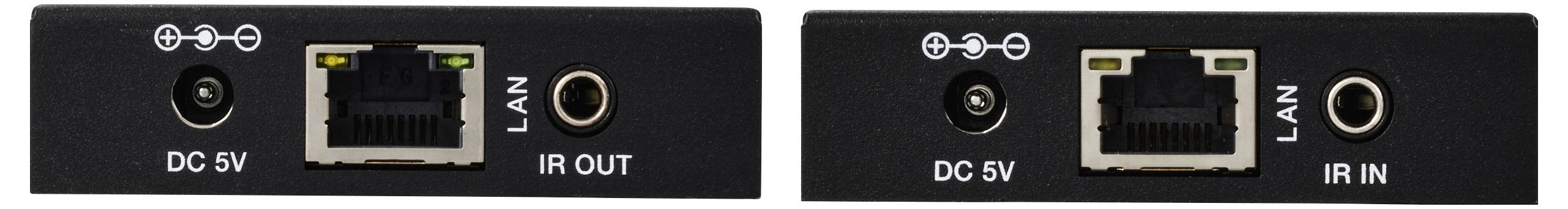 Zwei schwarze Anschlussfelder mit LAN-Ports, IR-Ausgang/-Eingang und DC 5V-Anschlüssen. Links IR OUT, rechts IR IN.