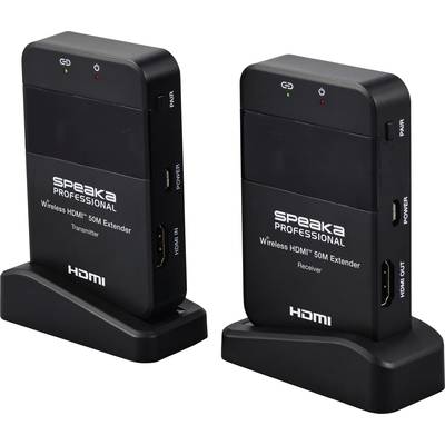 Zwei schwarze Geräte auf Ständern mit der Aufschrift 'speaka PROFESSIONAL Wireless HDMI 50M Extender'. Links der Sender, rechts der Empfänger.