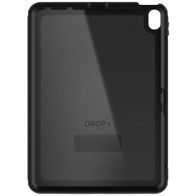Schwarze Tablet-Schutzhülle mit diagonalem Linienmuster, rechteckigem 'DROP+'-Aufdruck in der Mitte und Aussparung für die Kameralinse.