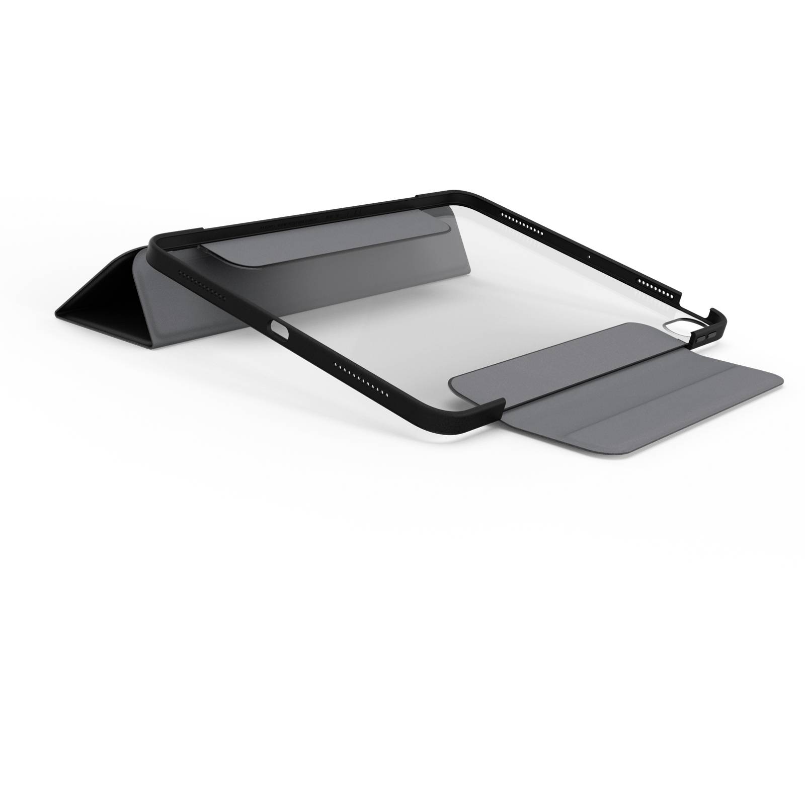 Ein schwarzer und grauer Laptop-Ständer mit verstellbaren Winkeln, geeignet für ergonomisches Arbeiten und Verbesserung der Belüftung.