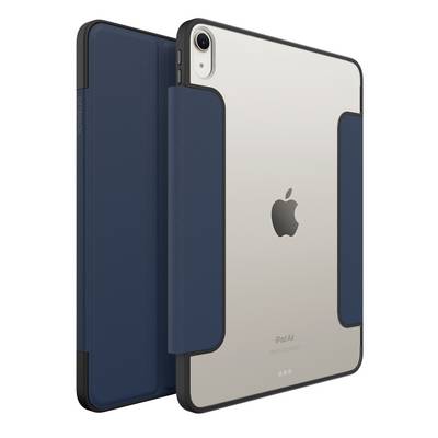 Rückansicht eines silbernen iPad Air in einem dunkelblauen Schutzetui mit Klappfunktion, mit sichtbarem Apple-Logo und Kamera.