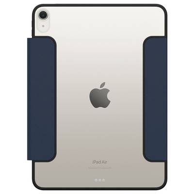 Rückansicht eines iPad Air in einer dunkelblauem Etui, mit dem Apple-Logo und der Rückkamera sichtbar.