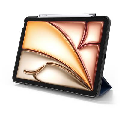 Tablet in einem Klappetui im schrägen Winkel dargestellt, zeigt auf dem Bildschirm eine abstrakte orange und goldene bandartige Grafik.
