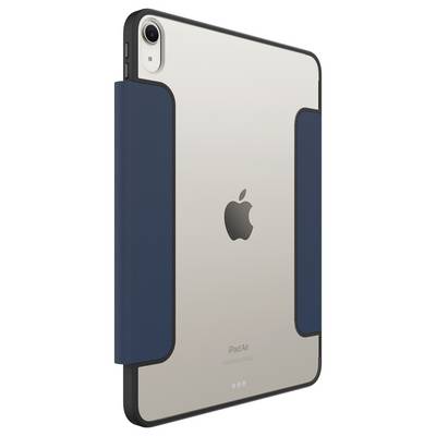 Ein iPad Air in einem dunklen Schutzetui mit seitlichen Griffen, von hinten fotografiert mit sichtbarem Apple-Logo und Kamera.