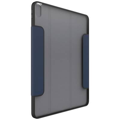 Grau-blaue Tablet-Hülle, steht aufrecht, mit schwarzem Rahmen.