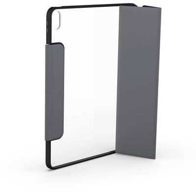 Ein Tablet mit einer durchsichtigen Hülle und einem grauen, aufklappbaren Deckel, das die Rückseite vollständig schützt.