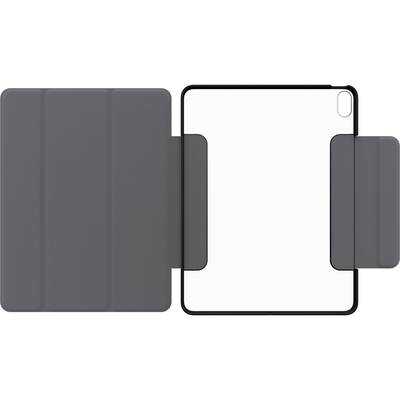 Eine graue Tablet-Hülle mit transparentem Rückteil, das geschlossene Teil links zeigt Falten zur Anpassung als Ständer.