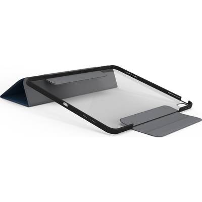 Ein schwarzes iPad-Case mit transparentem Cover und faltbarem Ständer in einer schrägen Position.