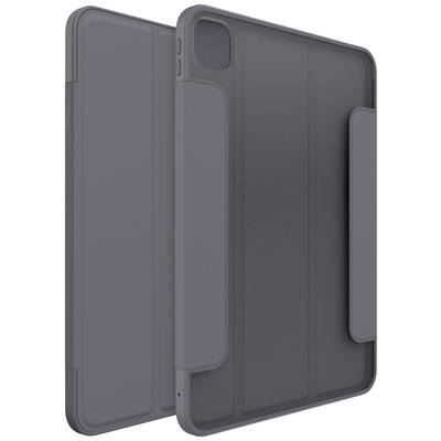 Eine graue Tablet-Hülle mit einer stabilen Rückseite und einer klappbaren Abdeckung. Sie bietet Schutz für das Tablet und hat eine Kameraöffnung.