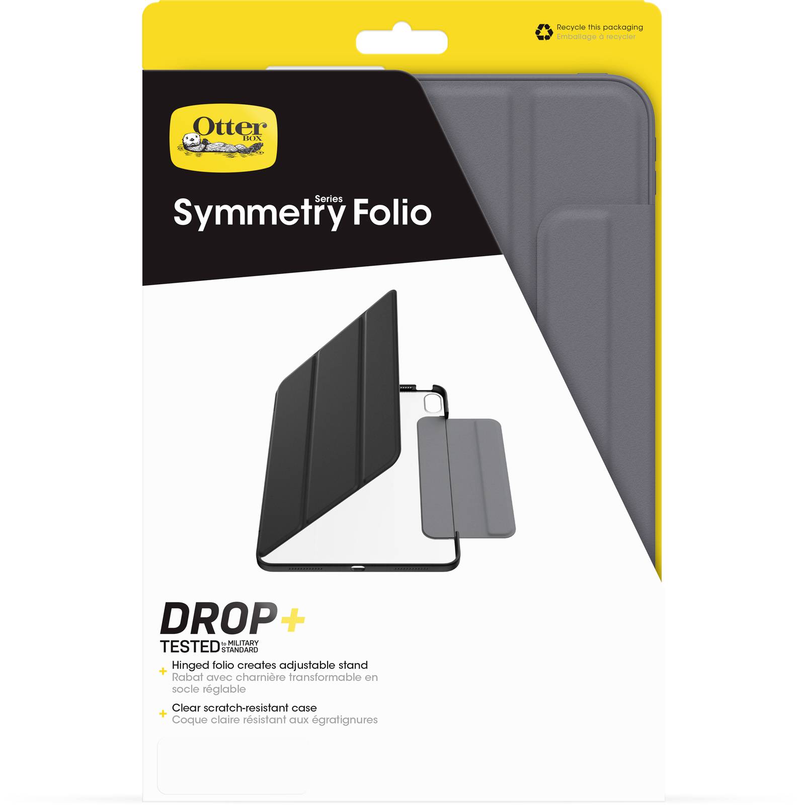 Verpackung einer Schutzhülle für Tablets der Marke Otter, Modell Symmetry Folio, mit Bild der Hülle, Recycling-Symbol und Text 'DROP+' zur Stoßfestigkeit.