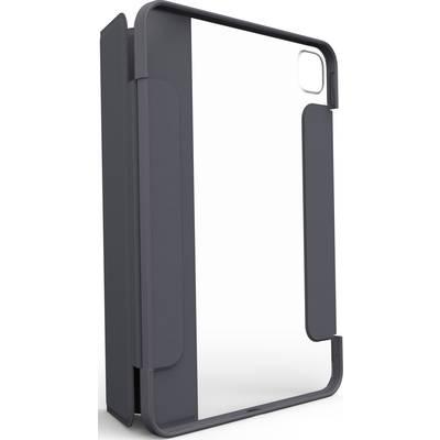 Eine schwarze Tablet-Hülle mit klarem Rückenteil und abgerundeten Ecken, stehend in einer halboffenen Position.