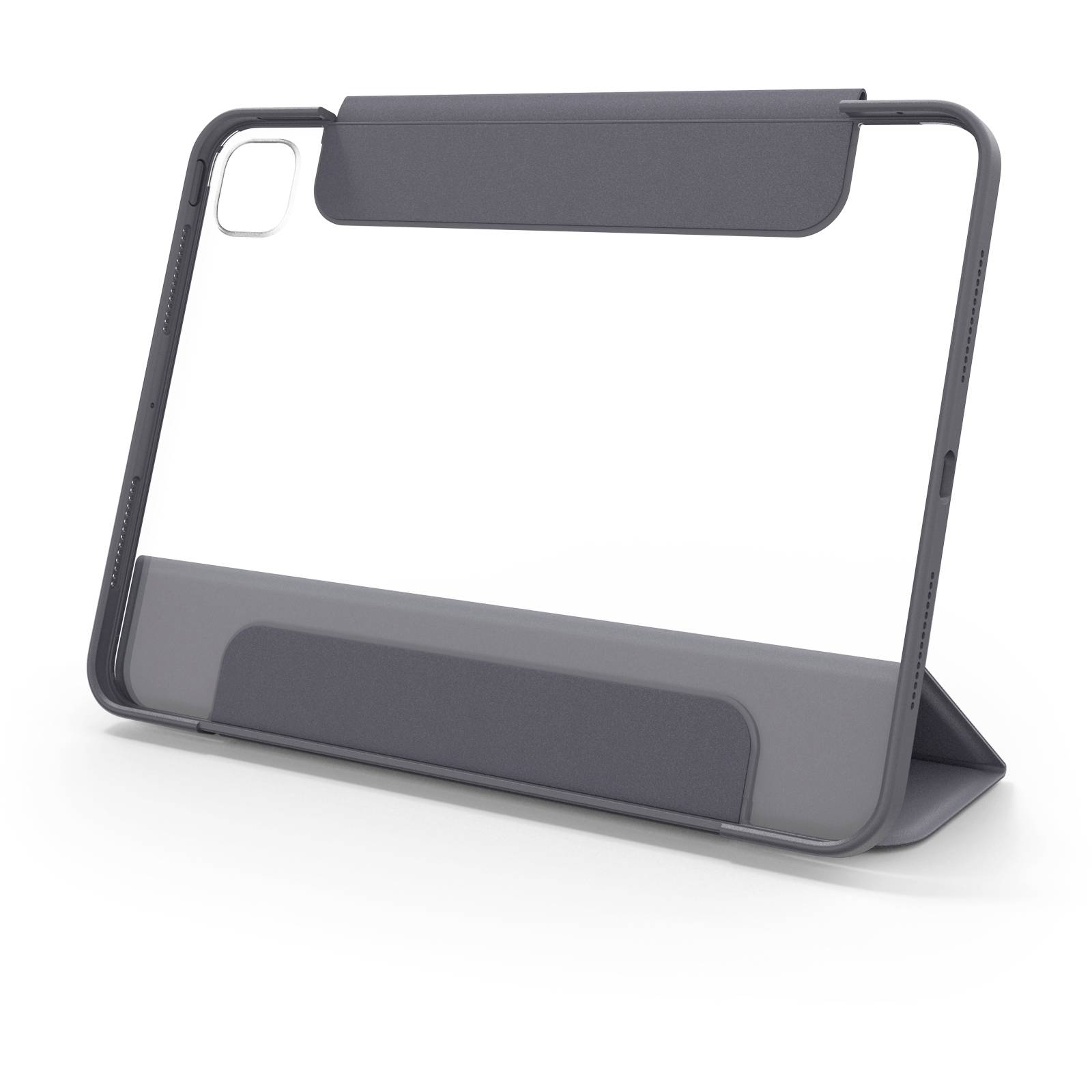 Eine graue Tablet-Schutzhülle in stehender Position, mit Aussparung für Kamera. Sie bietet Schutz für das Gerät und ist als Ständer nutzbar.