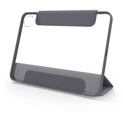 Eine graue Tablet-Schutzhülle in stehender Position, mit Aussparung für Kamera. Sie bietet Schutz für das Gerät und ist als Ständer nutzbar.