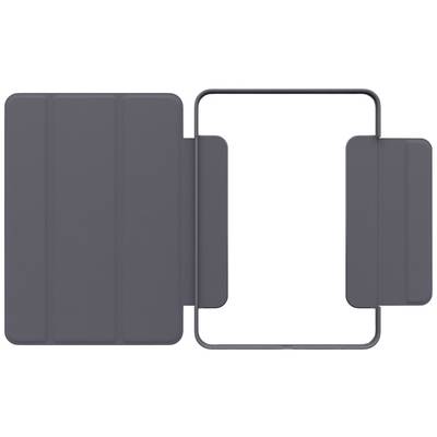 Ein graues Tablet-Cover mit einem faltbaren Frontteil und einem rechteckigen Ausschnitt auf der rechten Seite.