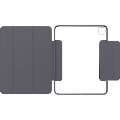 Grau-schwarzes Klapp-Cover für ein Tablet, bietet Schutz für Vorder- und Rückseite.