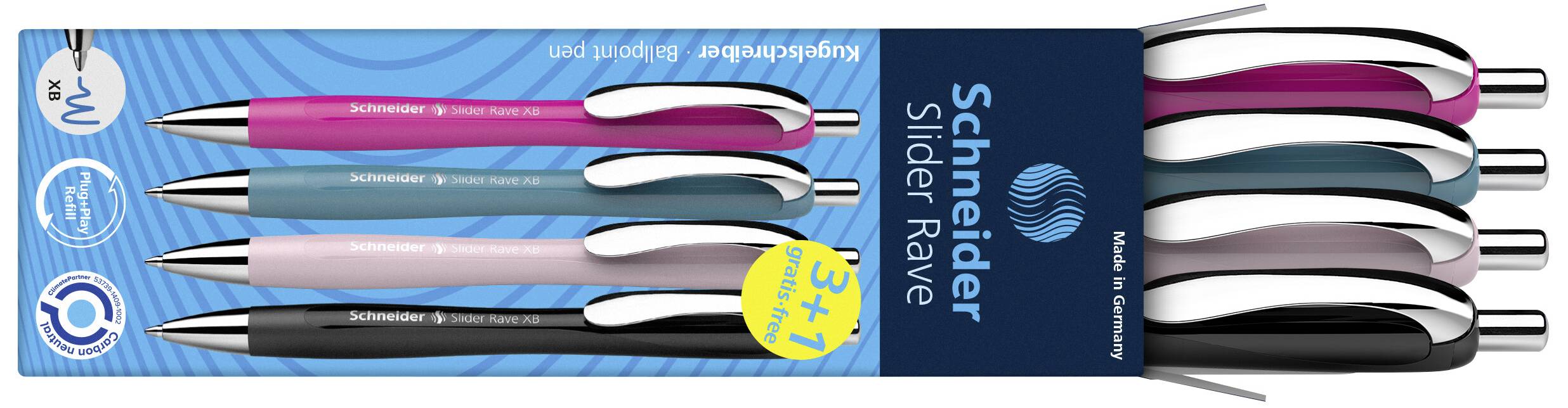 Vier bunte Kugelschreiber (blau, pink, hellblau, schwarz) in einer Schachtel mit der Aufschrift 'Schneider Slider Rave'.