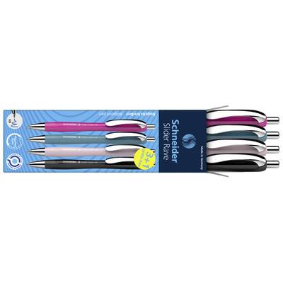 Vier bunte Kugelschreiber (blau, pink, hellblau, schwarz) in einer Schachtel mit der Aufschrift 'Schneider Slider Rave'.