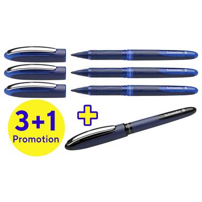 Vier blaue Stifte mit abnehmbaren Kappen, Marke 'Schneider', in einer 3+1 Promotion.