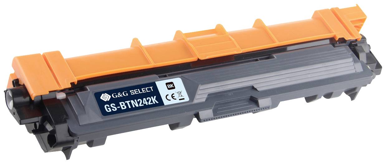 Schwarze Tonerkartusche mit orangefarbener Abdeckung, Modell 'GS-BTN242K', von G&G Select, mit CE-Kennzeichnung.
