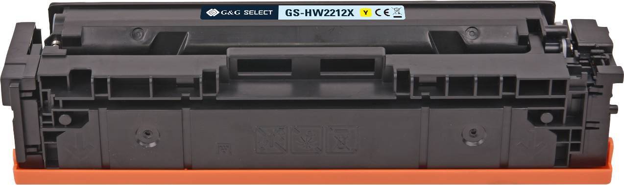Ein schwarzer Druckertoner mit der Aufschrift 'G&G Select GS-HW2212X', umgeben von CE- und Recycling-Symbolen.