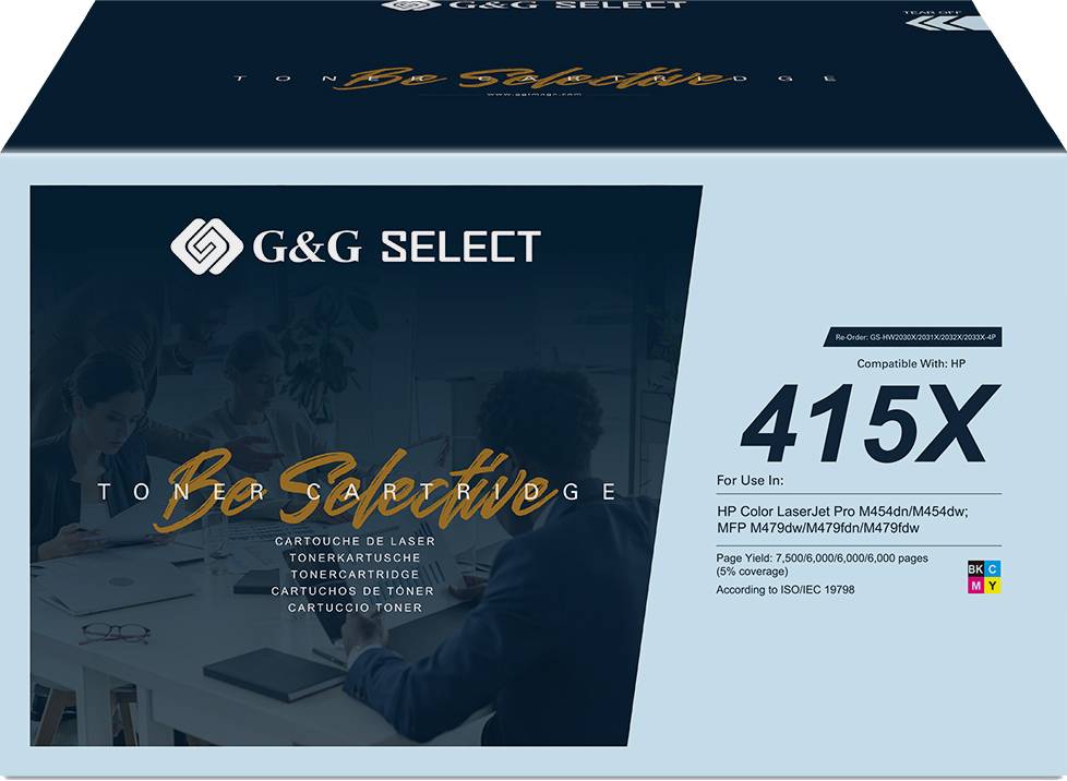 Produktverpackung eines G&G Select Toner. Für HP 415X. Kompatibel mit HP-Druckern M454, M479. Enthält den Slogan 'Be Selective'.