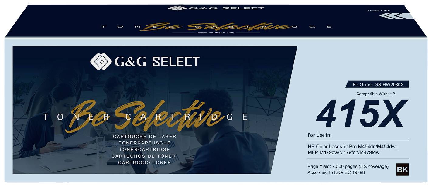 Die Abbildung zeigt eine Tonerkartuschenverpackung der Marke G&G Select, Modell 415X, kompatibel mit HP-Druckern, Farbe Schwarz.