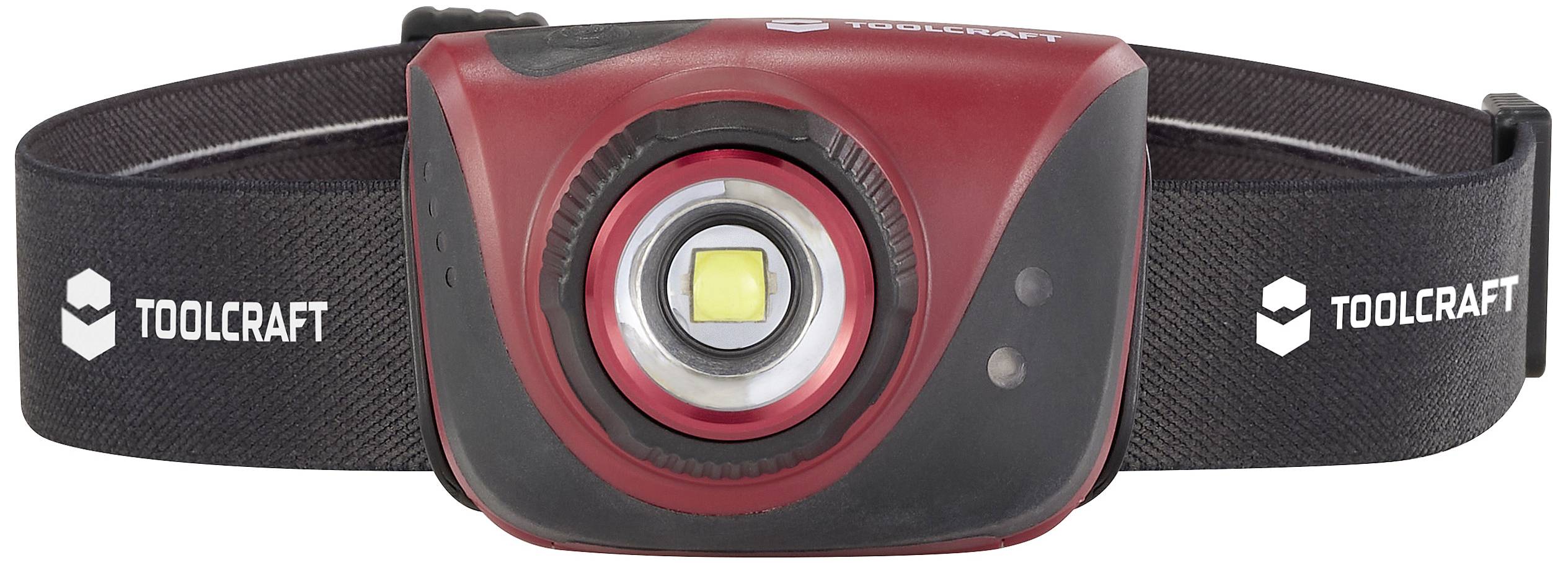 Stirnlampe mit verstellbarem Band von TOOLCRAFT. Zeigt eine zentrale LED und einen großen Knopf zur Steuerung.