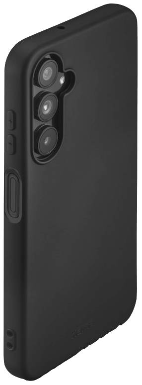 Ein schwarzes Handyhülle mit Aussparungen für drei Kameralinsen, aufrecht stehend, zeigt seitlich sichtbare Tasten und strukturierte Oberfläche.