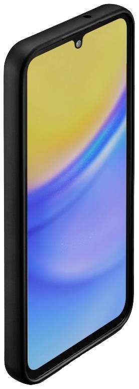 Ein Smartphone mit schwarzem Rahmen und farbigem Bildschirm. Der Bildschirm zeigt ein gelbes und blaues Farbmuster.