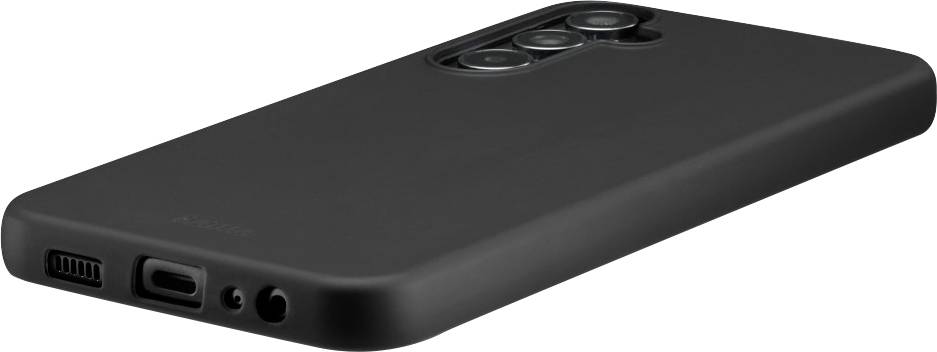 Eine schwarze Handyhülle mit präzisen Aussparungen für Kamera, Ladeanschluss und Lautsprecher.