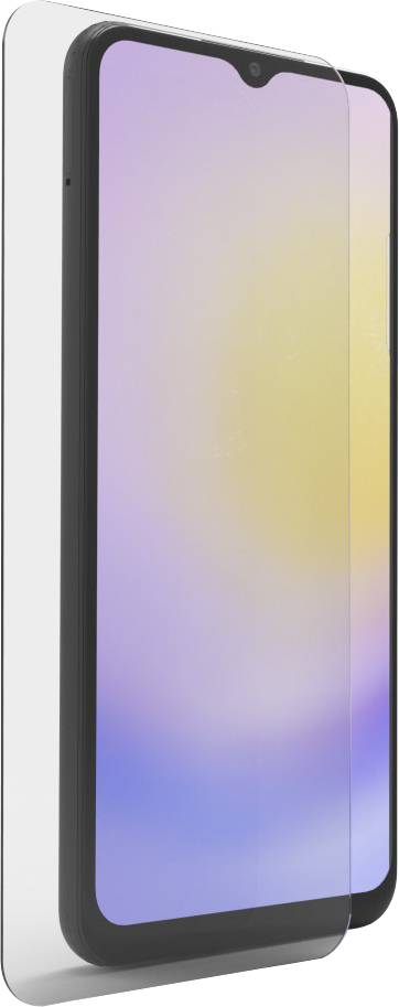 Smartphone mit transparentem Displayschutz, Bildschirm zeigt einen Farbverlauf in Pastelltönen von Rosa zu Gelb.