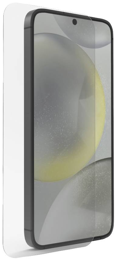 Smartphone mit transparentem Displayschutz, Display zeigt graues und gelbes abstraktes Muster.