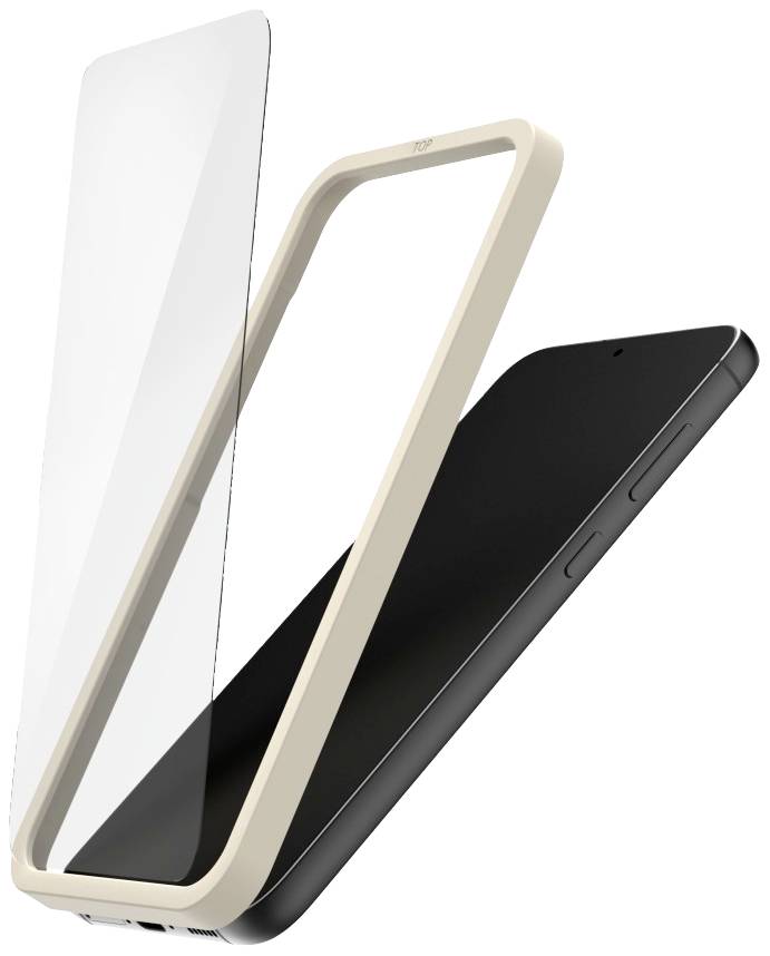 Schutzhülle und Schutzglas für ein schwarzes Smartphone. Schutzelemente sind leicht angewinkelt, um die Passform zu zeigen.