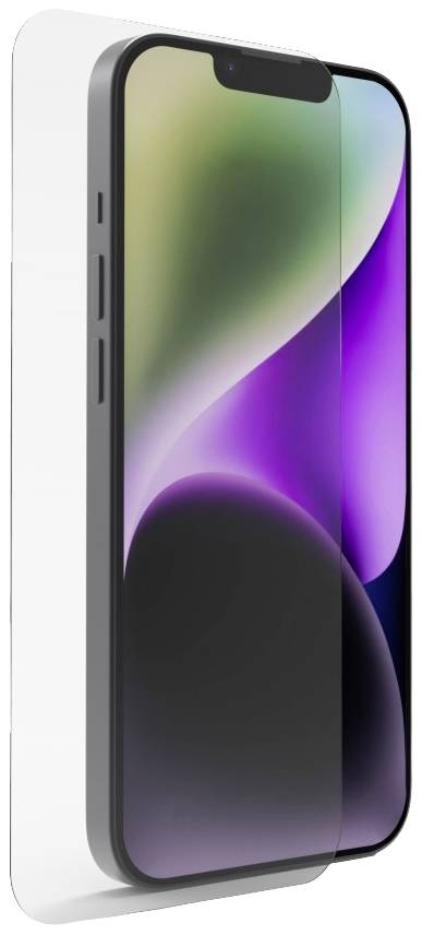 Smartphone frontal abgebildet, zeigt ein farbenfrohes Display und schlankes Design. Im Vordergrund eine transparente Schutzfolie.