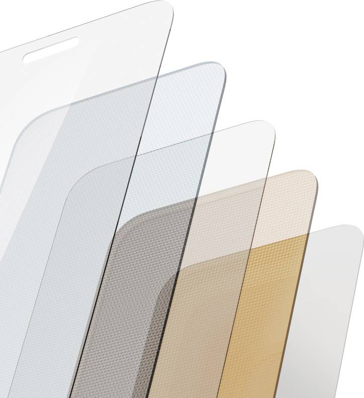 Schichten von Displayfolien in verschiedenen Transparenzen und Farben, übereinander gestapelt.