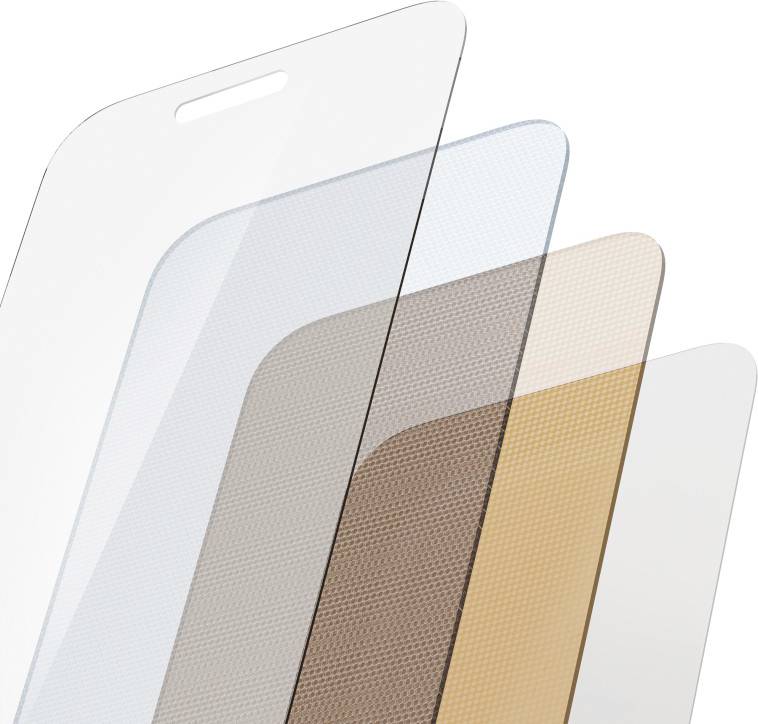 Mehrschichtiger Displayschutz mit unterschiedlichen Materialien: transparente, halbtransparente und getönte Schichten für verbesserten Schutz.