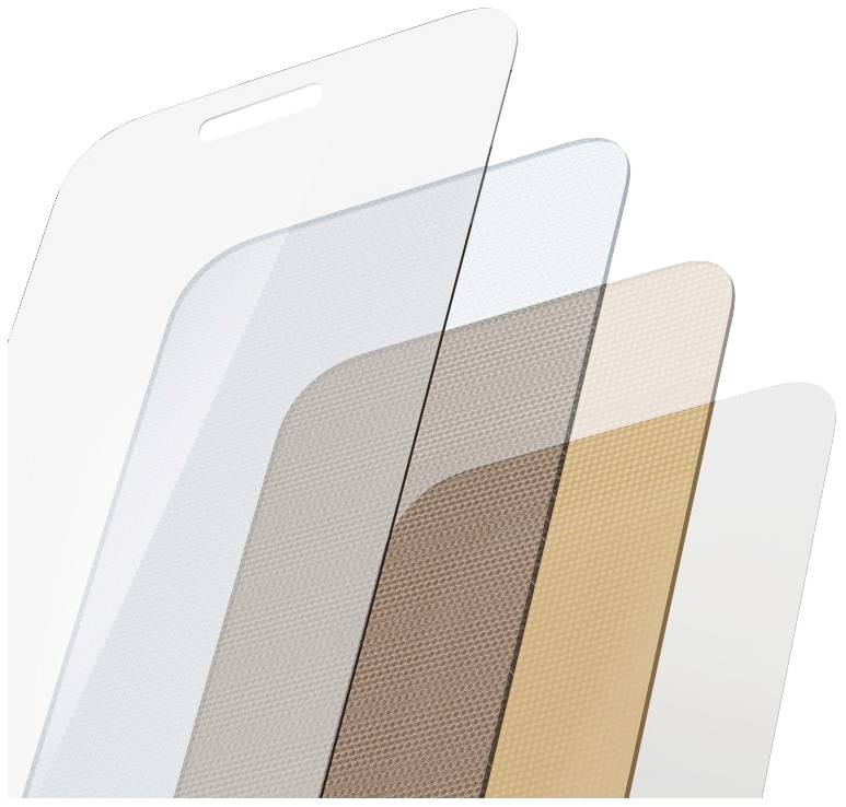 Mehrschichtiger Smartphone-Bildschirmschutz, der verschiedene Materialien und Härtestufen zeigt, bietet verbesserten Schutz.
