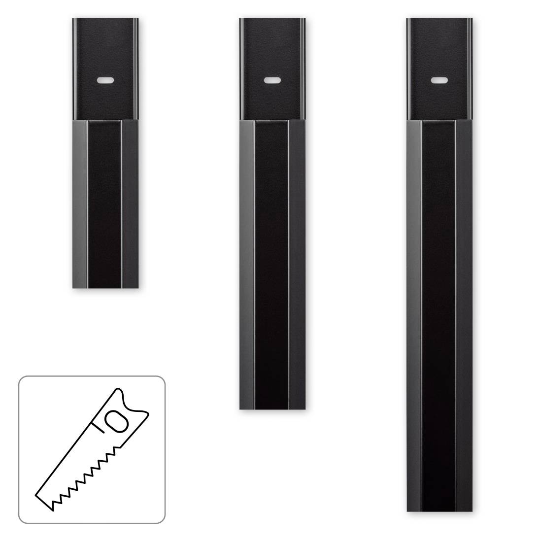 'Drei schwarze Tischbeinverlängerungen in verschiedenen Längen, neben einer Säge-Ikone. Geeignet für höhenverstellbare Tische.'