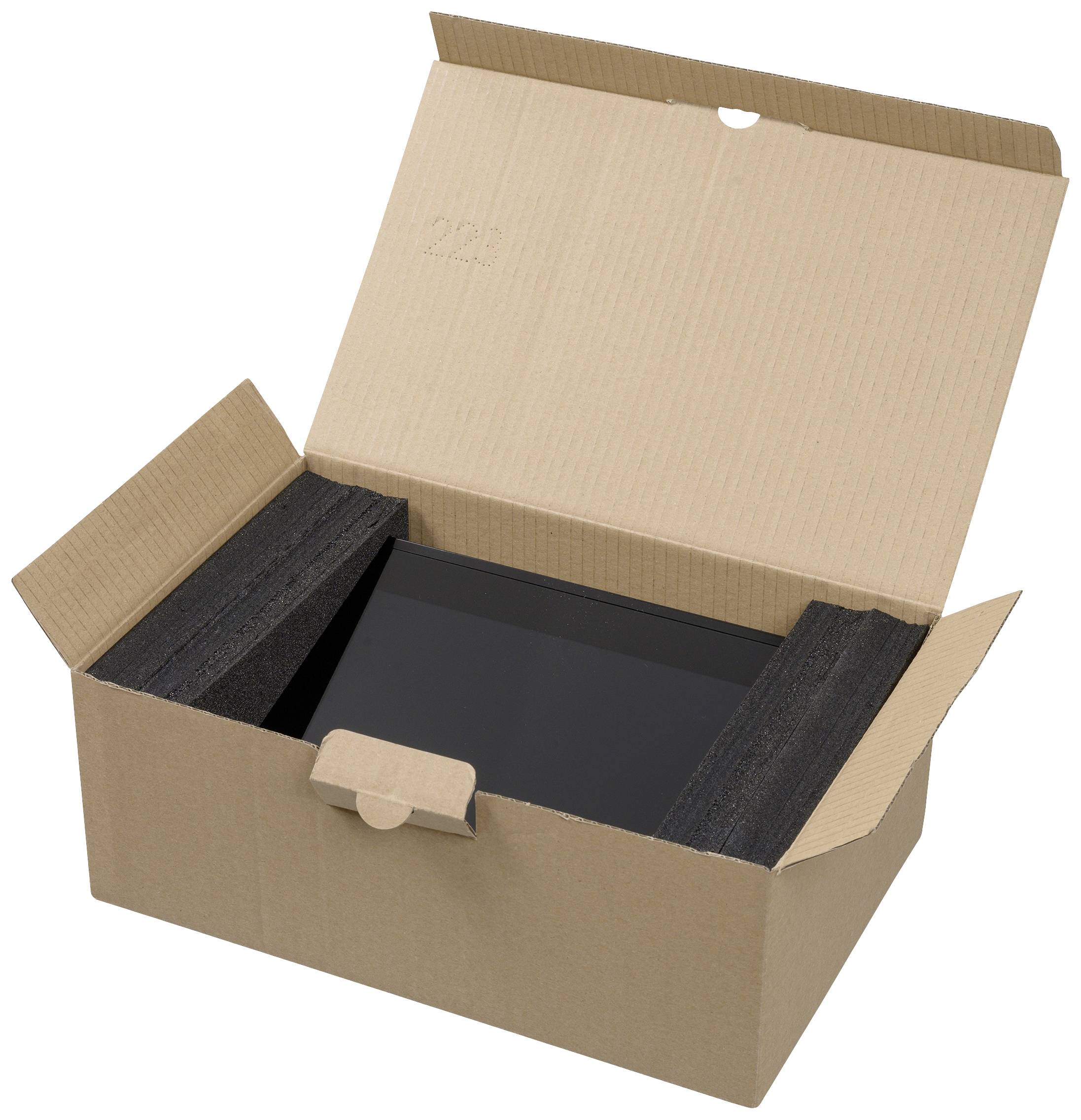 Ein offener Karton mit einem elektronischen Gerät, das durch schwarze Schaumstoffpolster gesichert ist.