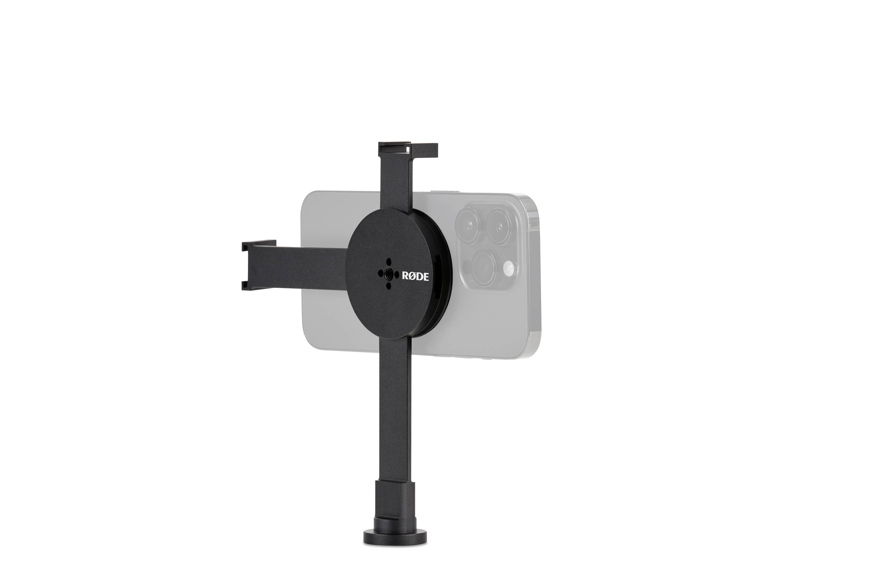 Halterung für ein Smartphone mit Rode-Logo, geeignet für Stative. Sie hält das Gerät horizontal und hat verstellbare Arme.