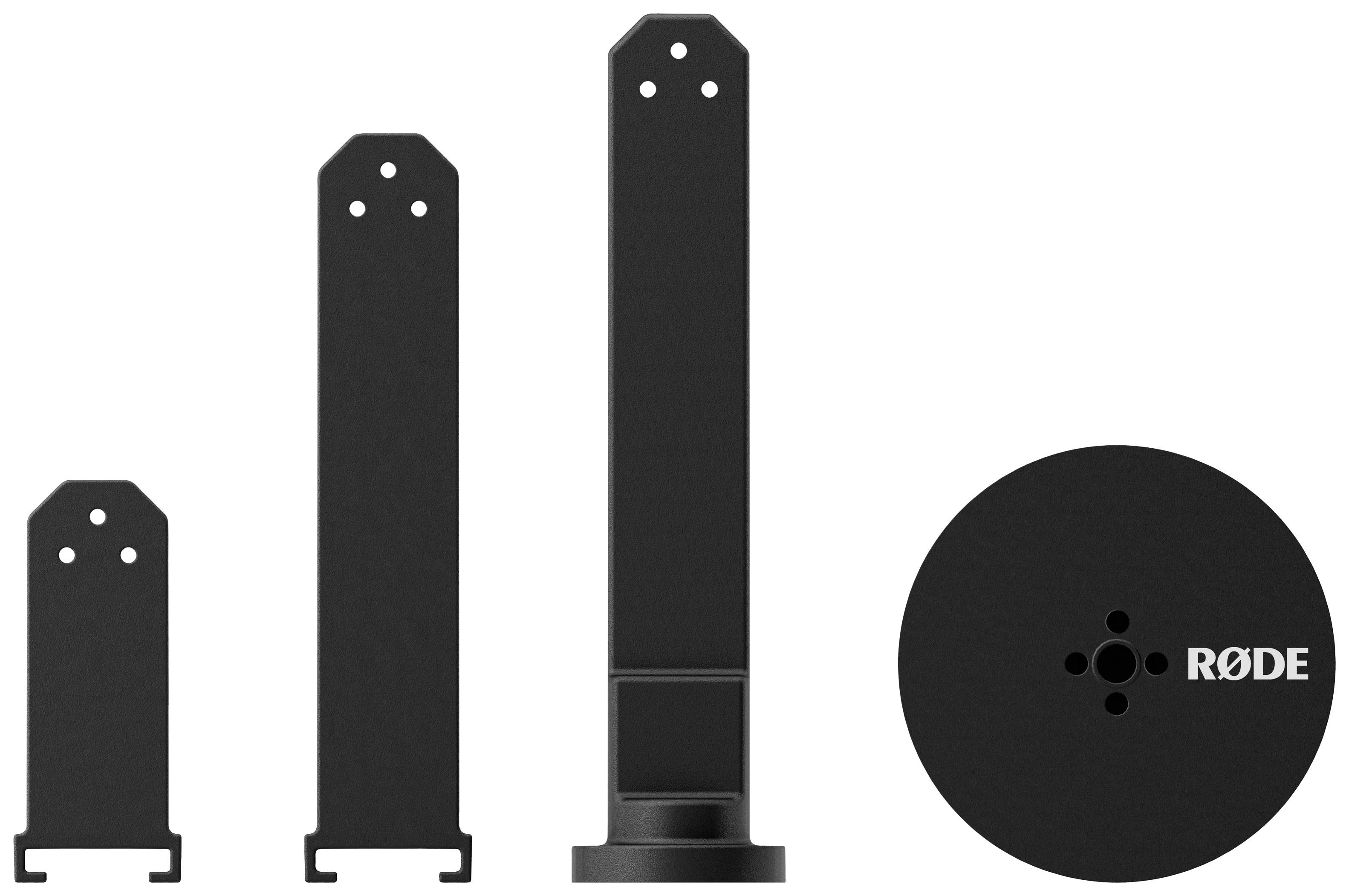 Drei verschiedene schwarze Mikrofonständer in unterschiedlichen Höhen und eine schwarze runde Basis mit dem Logo 'RØDE'.