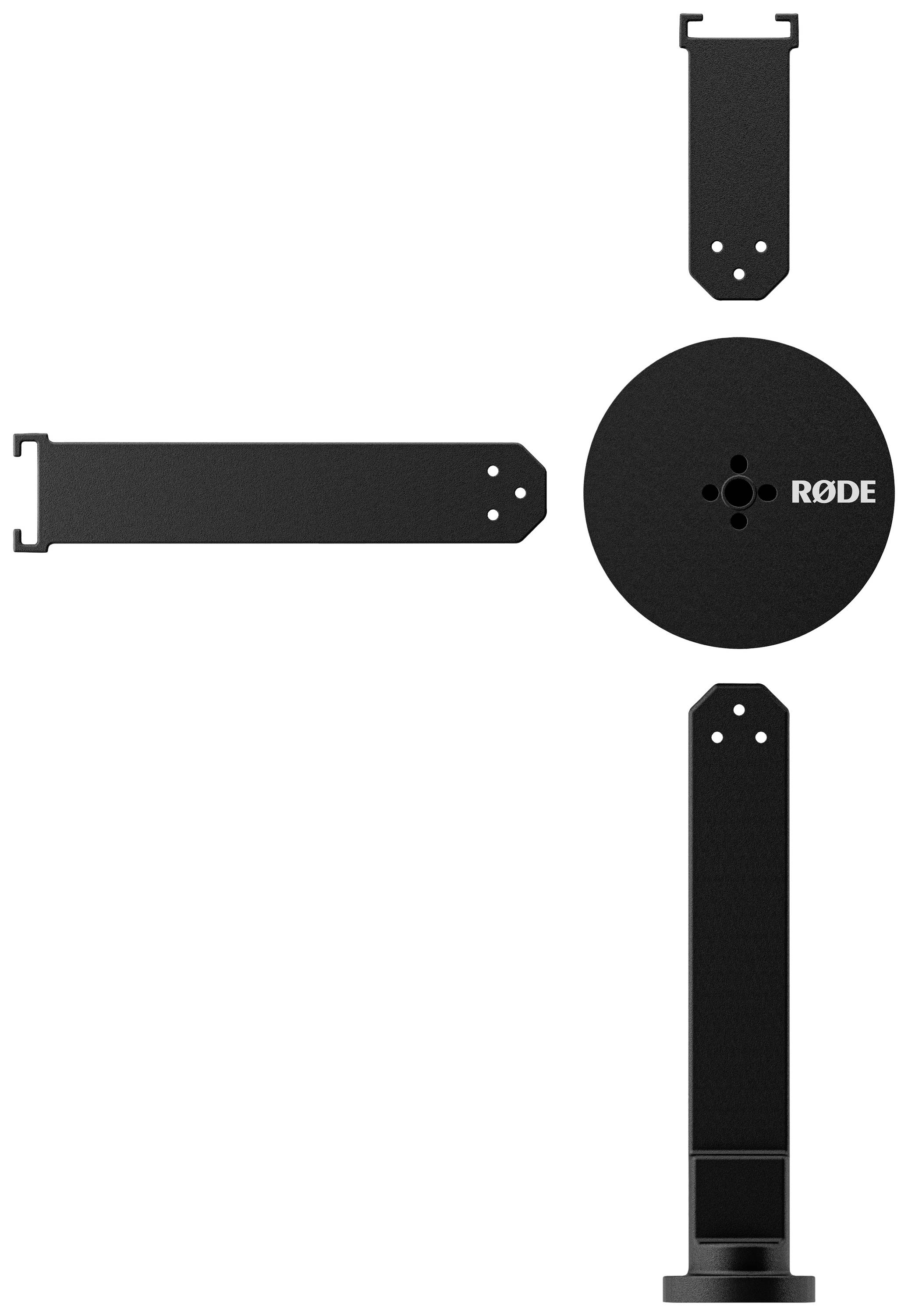 Teile eines Mikrofon-Befestigungsmechanismus in schwarzer Farbe, bestehend aus einer runden Basis mit 'RØDE'-Logo und drei Armen.