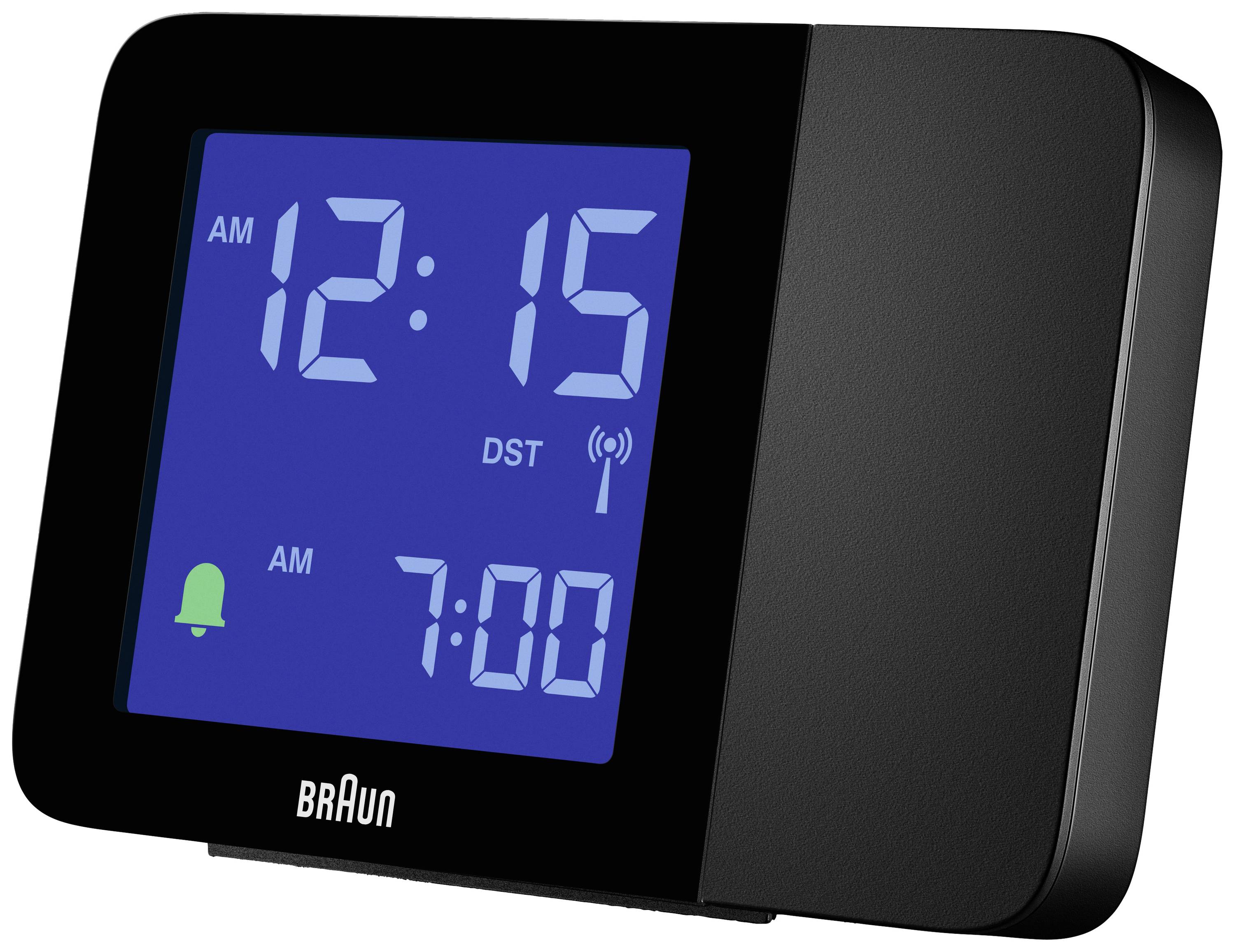 Schwarzer Digitalwecker mit blau beleuchtetem Display zeigt '12:15 AM'. Alarm für '7:00' aktiviert. 