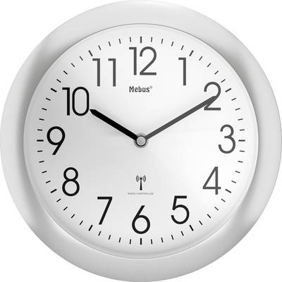 Eine Wanduhr mit weißem Zifferblatt, schwarzen Ziffern und schwarzen Zeigern, die 10:10 Uhr anzeigt.
