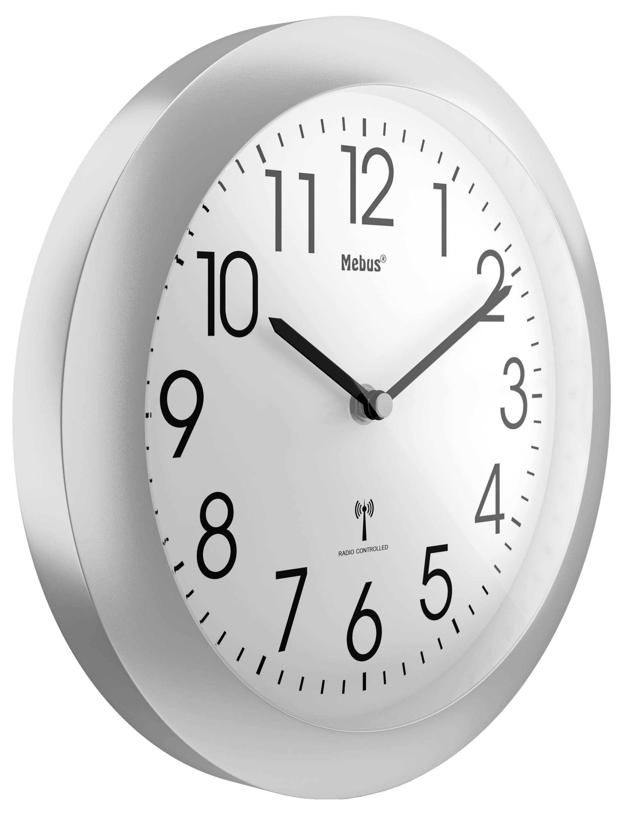 Eine runde Wanduhr mit silbernem Rahmen, die die Zeit als 10:10 anzeigt. Die Uhr ist mit dem Schriftzug 'Mebus' versehen und hat schwarze Ziffern und Zeiger.