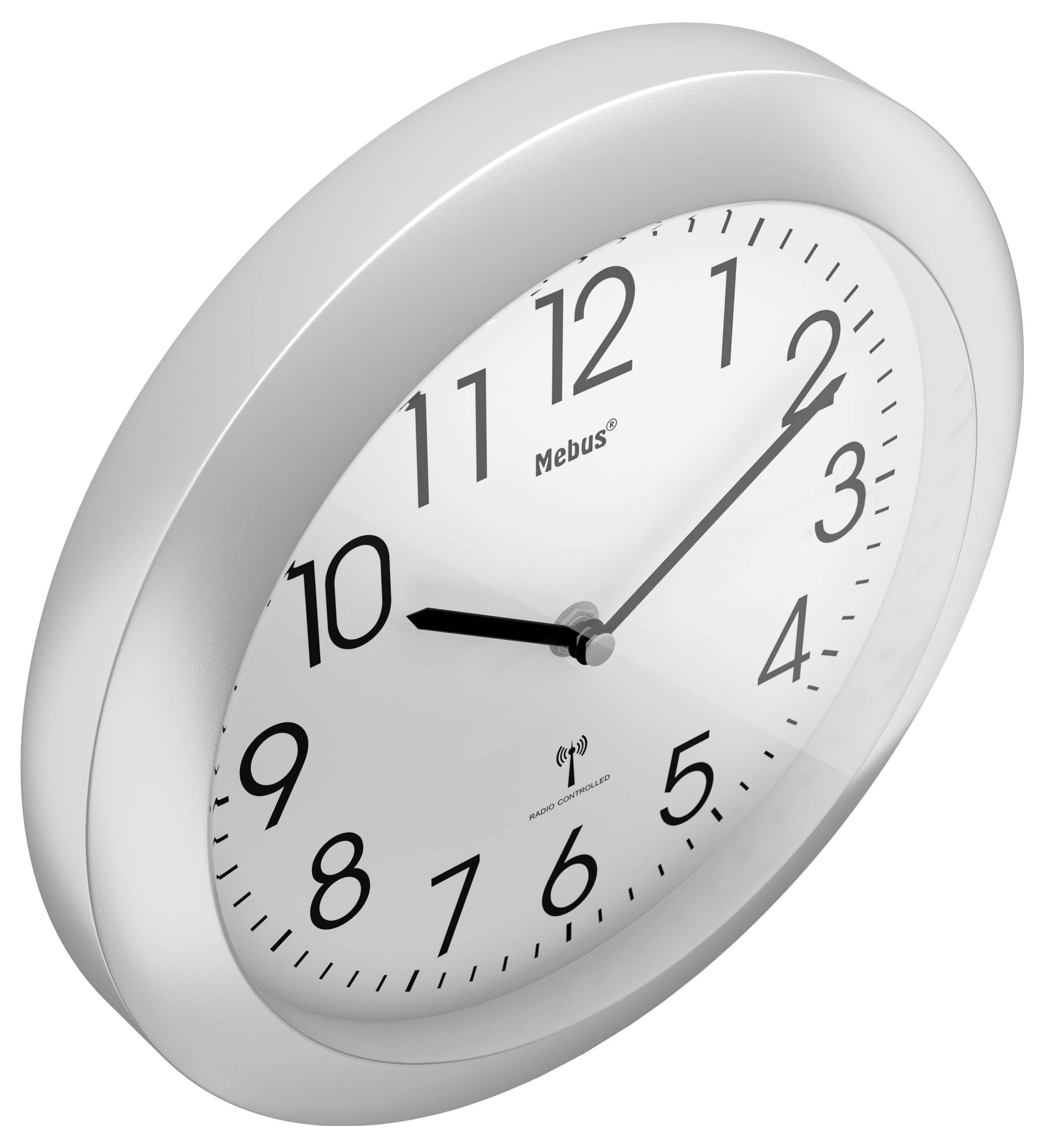 Eine runde Wanduhr, die die Zeit als 2:10 anzeigt, mit schwarzen Ziffern und Zeigern, vor einem weißen Hintergrund mit einem silbernen Rahmen.