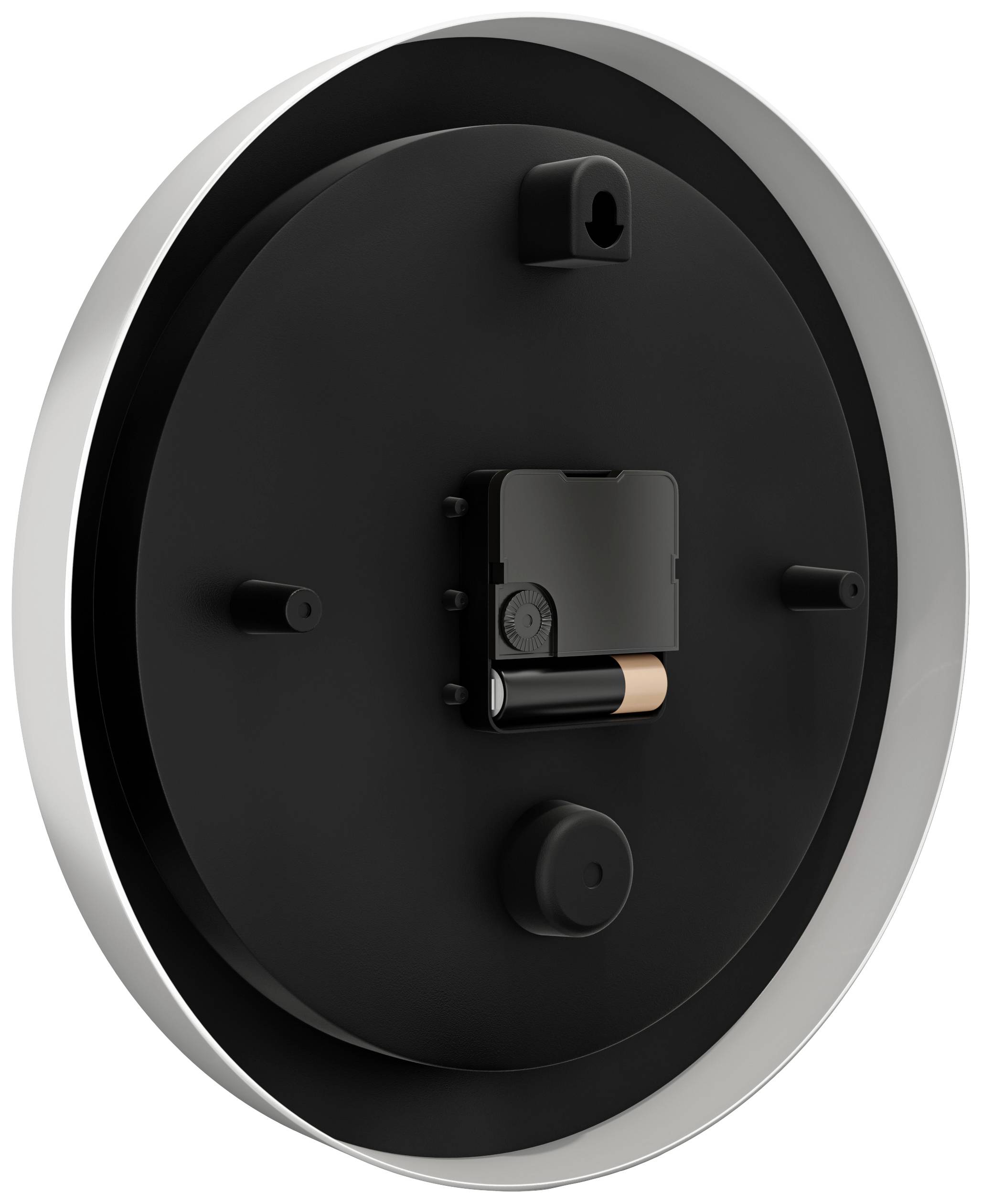 Rückseite eines runden schwarzen Geräts mit Batteriefach in der Mitte, Halterung oben und unten, silbernem Rand.